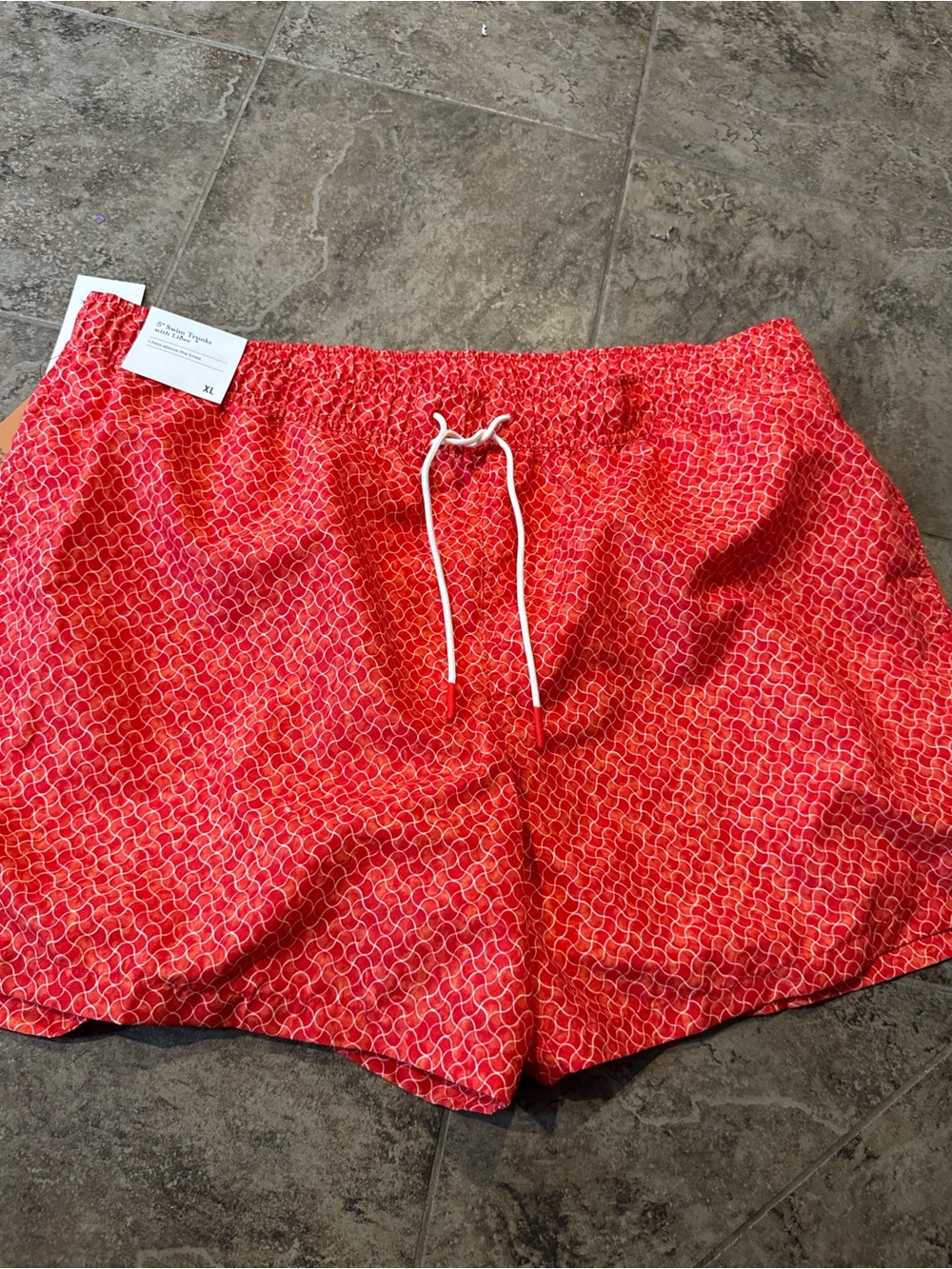 Red mosaic Geometric Swim Shorts with White Drawstring